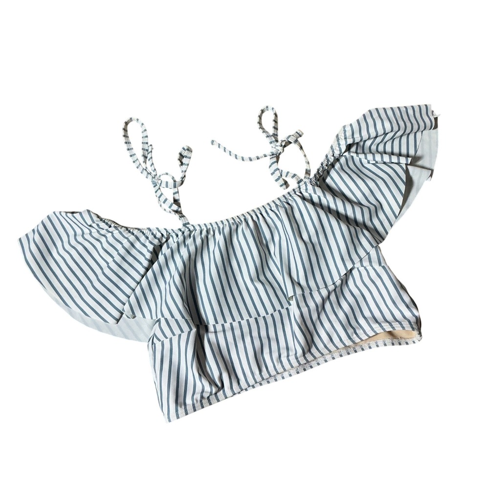 Albion Fit Blue White Striped Ruffle Bikini Top Womens Medium Tie Strap Swim